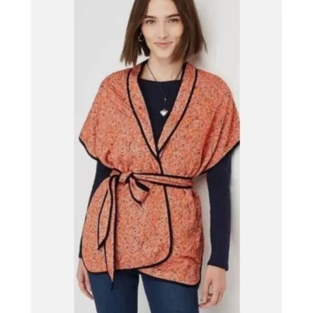 J Jill orange paisley quilted ruana kimono jacket sz XL-3XL boho cottage coastal